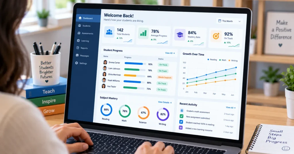 Progress Learning dashboard showing student growth and mastery data for teachers