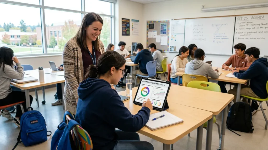Student using an AI-powered personalized learning tablet in a bright modern classroom with a teacher nearby