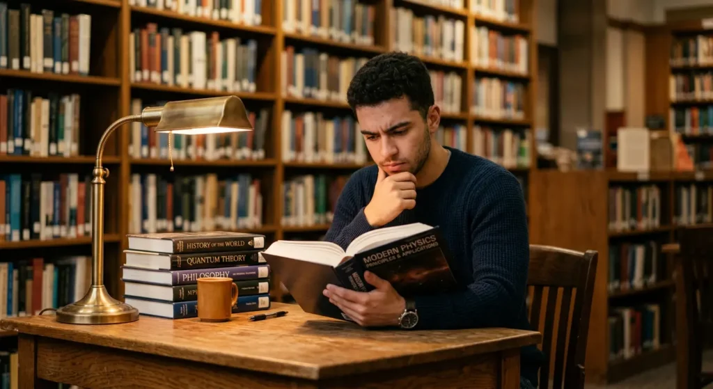 Young man studying in a library representing education role in personal development