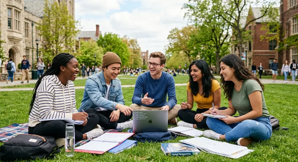 Diverse group of students studying together outdoors showing education role in social development