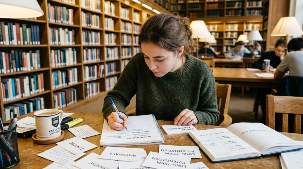 Focused college student using flashcards and handwritten notes at a library desk practicing active study strategies