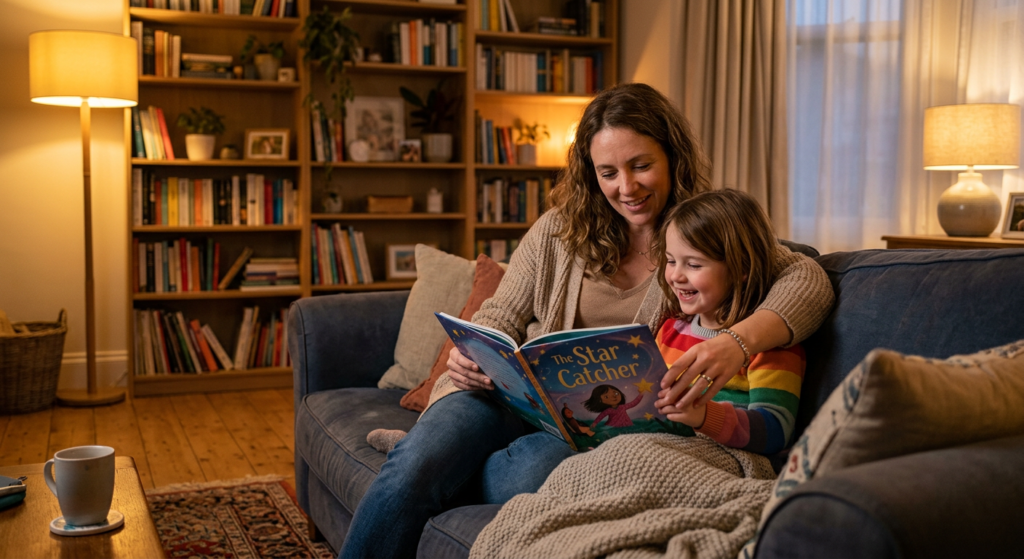 Mother and daughter reading together at home showing informal education outside of school