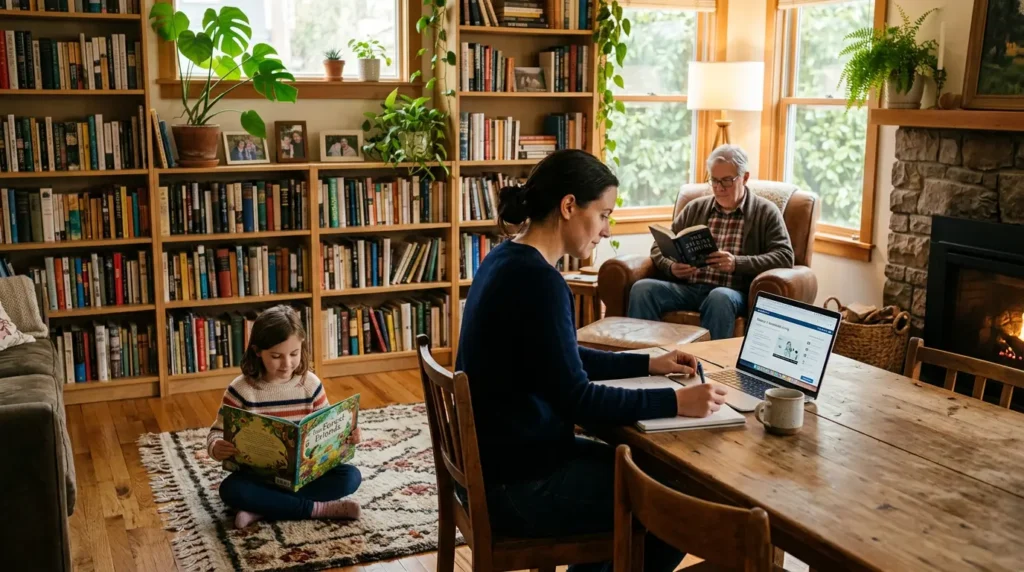 Three generations of a family learning together at home showing lifelong learning across all ages