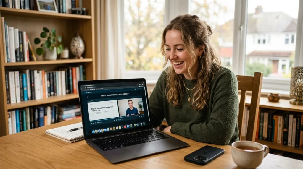 Young woman studying an online course on a laptop at home representing modern online learning