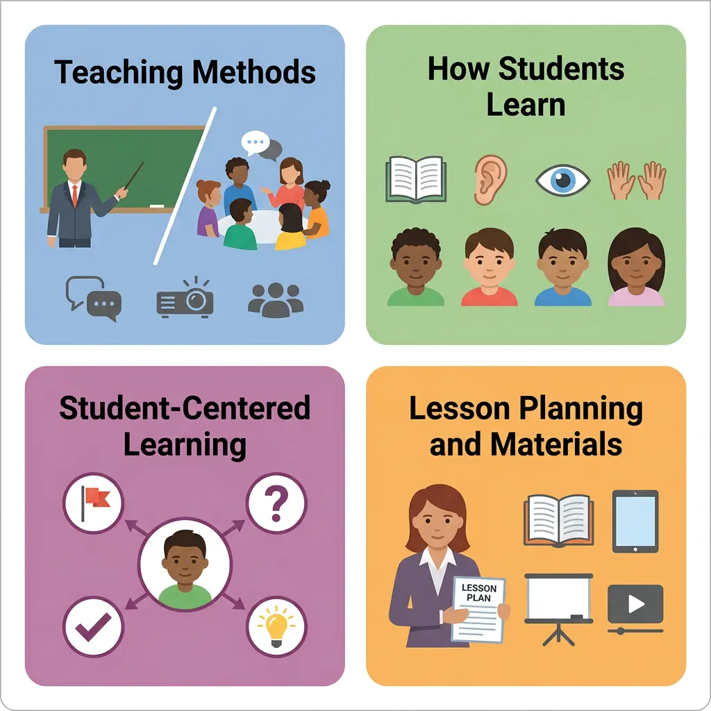 Infographic showing four components of teaching and learning in practice: teaching methods, learning styles, student-centered learning, and lesson planning