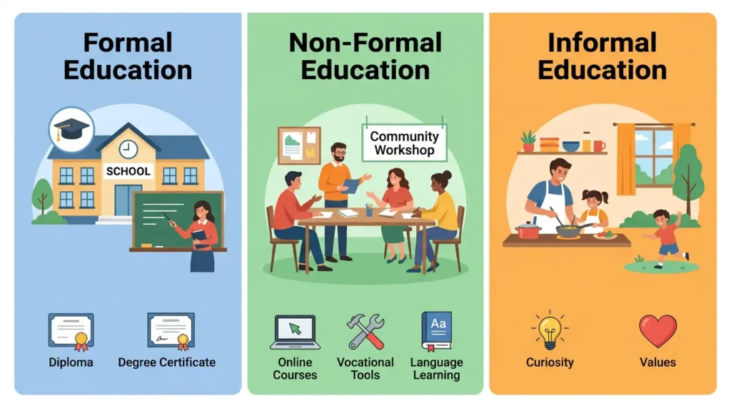 Infographic showing three types of education: formal education in schools, non-formal education in workshops, and informal education in everyday life