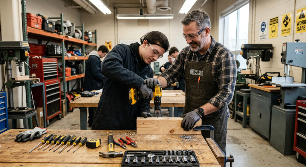 Instructor teaching apprentice in a workshop representing non-formal vocational education