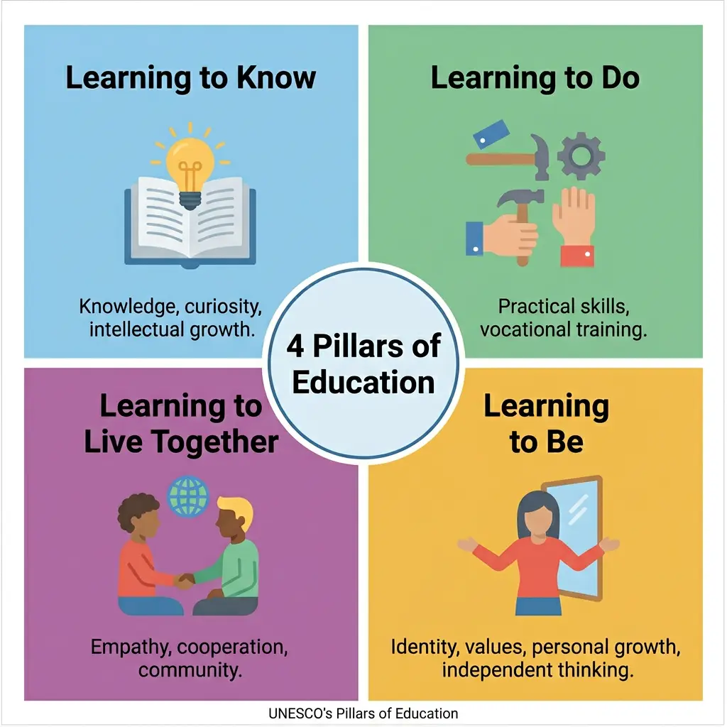 Infographic of UNESCO four pillars of education: Learning to Know, Learning to Do, Learning to Live Together, and Learning to Be