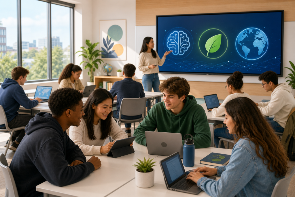 Students using digital devices in a modern classroom representing 21st-century aims of education