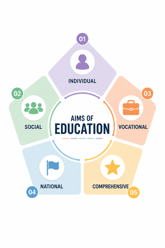 Infographic showing the 5 types of aims of education: individual, social, vocational, national, and comprehensive