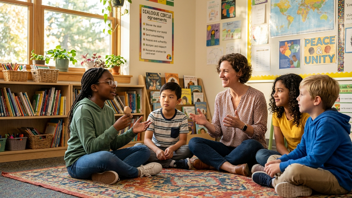 Teacher leading a peace education dialogue circle activity with students