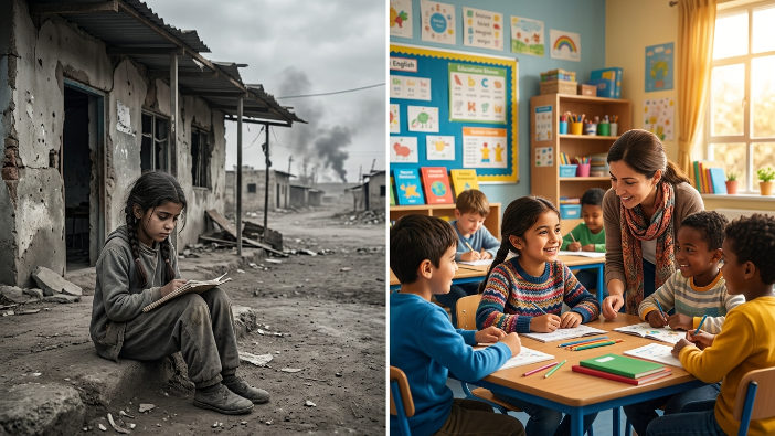 Visual contrast showing children in conflict-affected education versus peaceful classroom learning