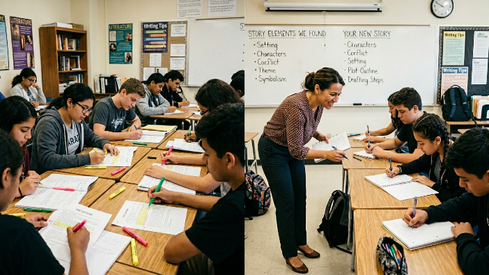 Students analyzing short stories then writing their own to practice analysis and synthesis