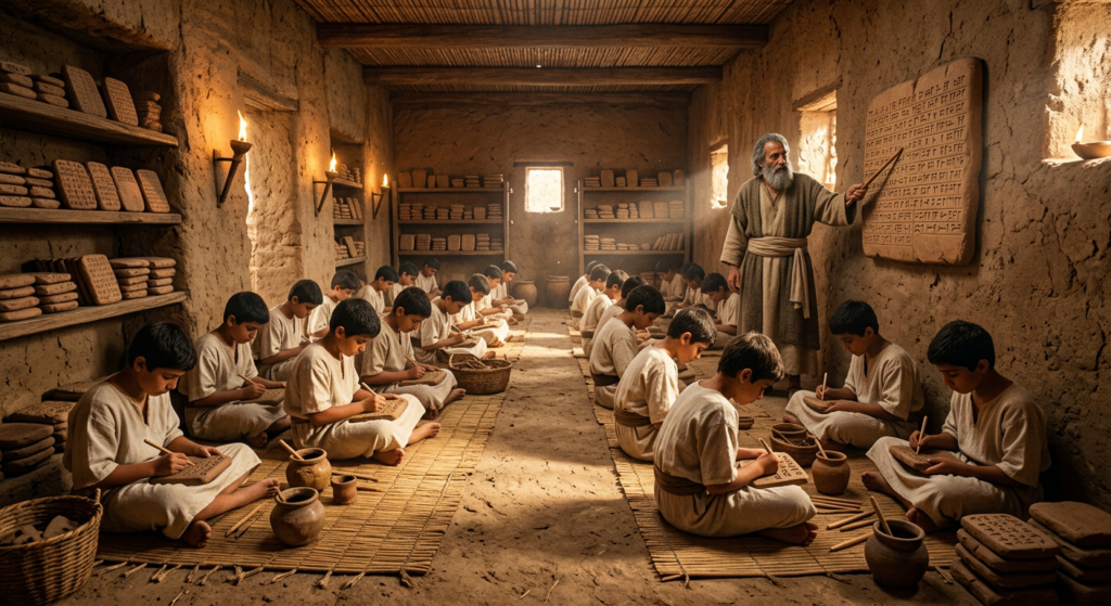 Ancient Egyptian wooden writing board covered in hieratic script with teacher corrections in red ink, showing early formal education practices in Egypt's Middle Kingdom around 2000 BC