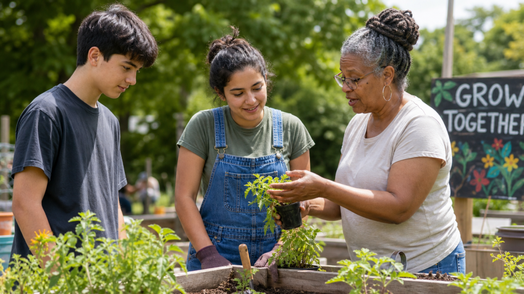 A diverse community group learning together outdoors, representing the benefits of informal education