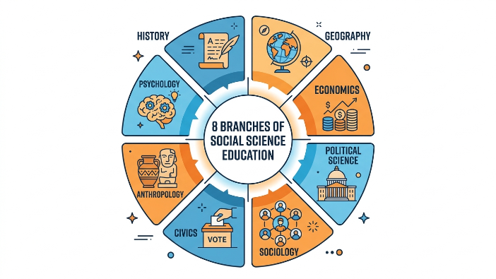 Infographic showing the 8 branches of social science education including history, geography, economics and civics