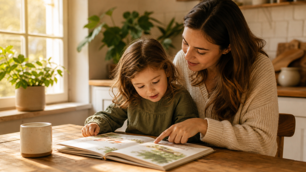 A parent and child reading together, representing Charlotte Mason habit formation in education