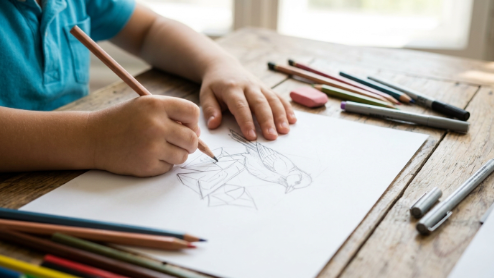Child drawing geometric shapes as part of arts and craft education for cognitive development