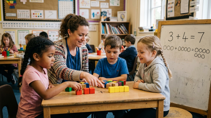 Math teacher using colorful physical blocks to teach addition before writing equations