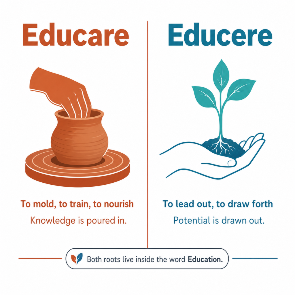 Infographic showing difference between educare to mold and educere to lead out in education