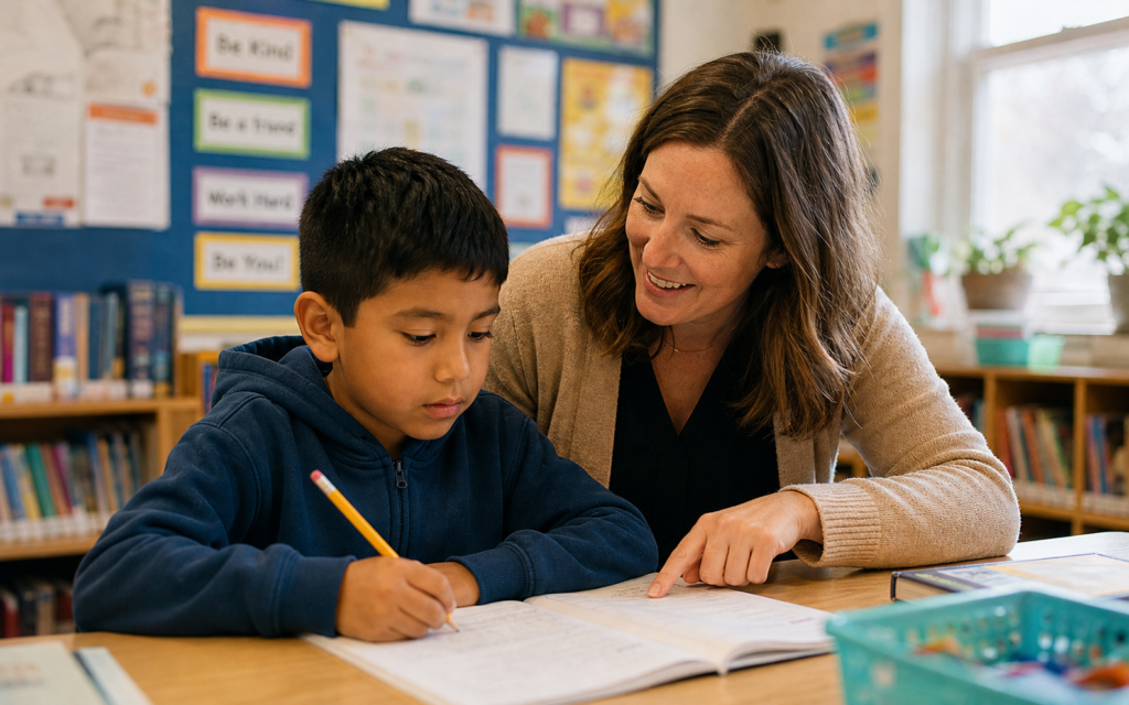 A teacher sitting beside a student at a desk, helping them write down their personal academic goals