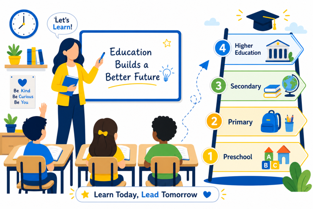 Students in a structured classroom setting representing formal education levels from primary to higher education