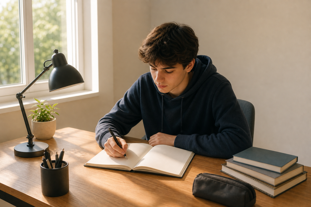 student sitting at a desk taking a learning style self-assessment quiz