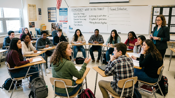 Students discussing what democracy means in their own words before the teacher writes the formal definition