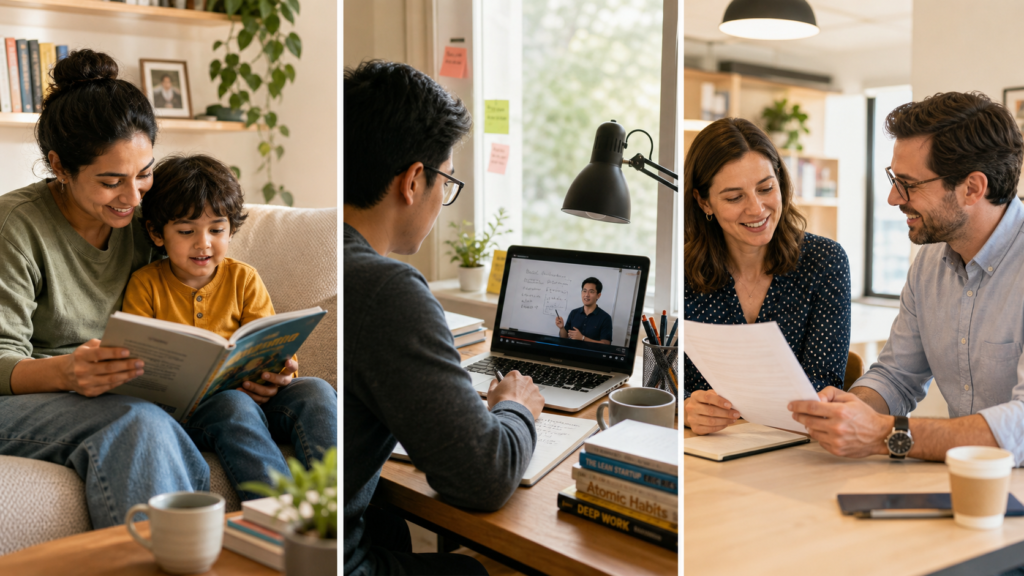 Real-world examples of informal education including family reading, online learning, and workplace mentoring