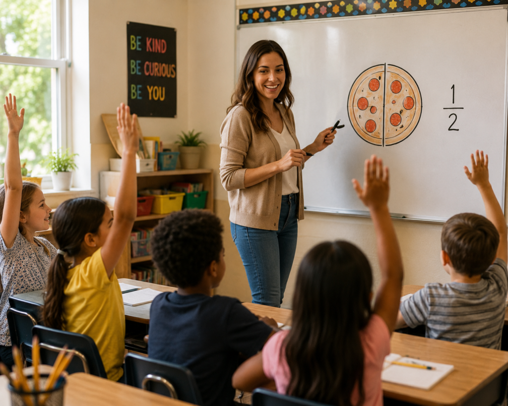 Teacher connecting pizza slices to fractions to help students learn from known to unknown