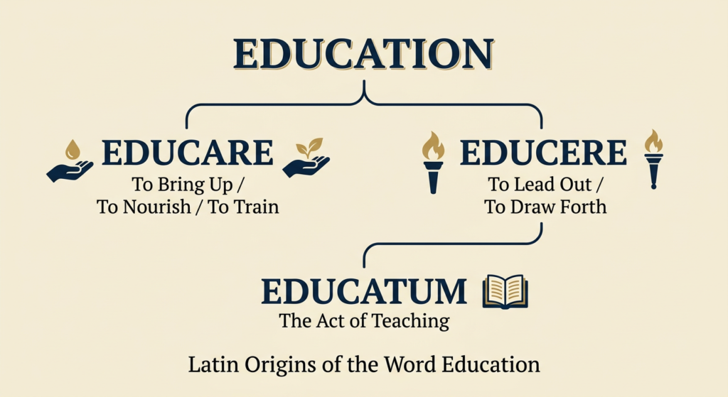 Flowchart showing the Latin etymology of the word education, branching from educare meaning to bring up and educere meaning to lead out