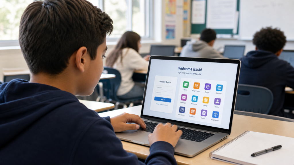 A student logging into a school portal on a laptop in a classroom representing digital transitions in education