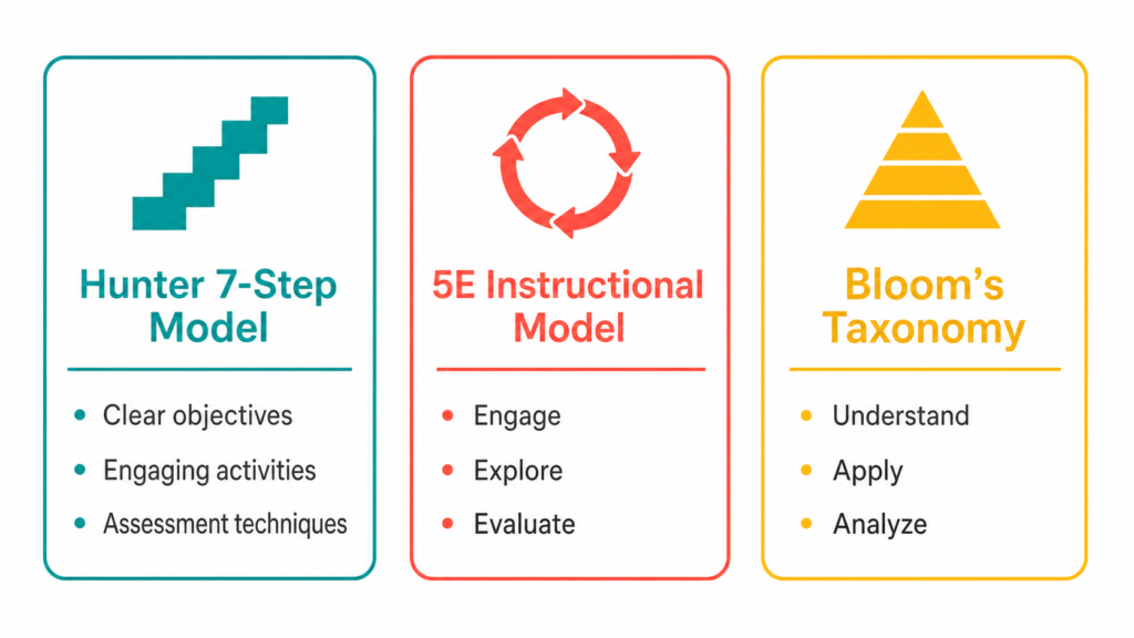 Comparison of three lesson planning models including Madeline Hunter 5E Model and Blooms Taxonomy