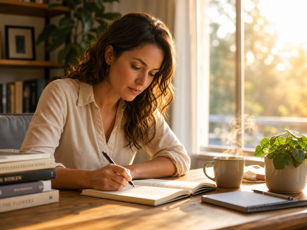 Person practicing a lifelong learning mindset by taking notes each morning

