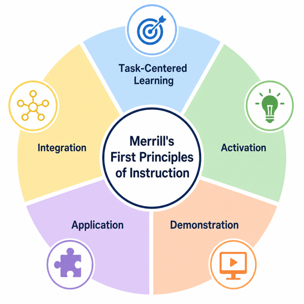 Diagram of Merrill's First Principles of Instruction showing five stages: activation, demonstration, application, integration, and task-centered learning