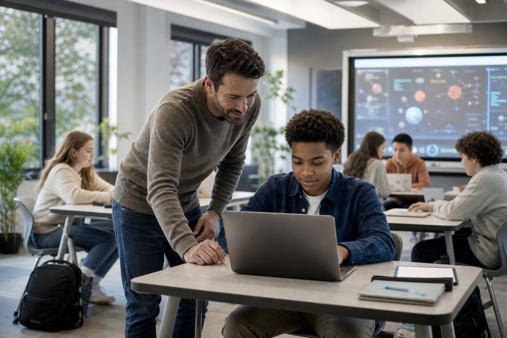 modern role of teacher as facilitator helping students work on a digital project in a technology-integrated classroom