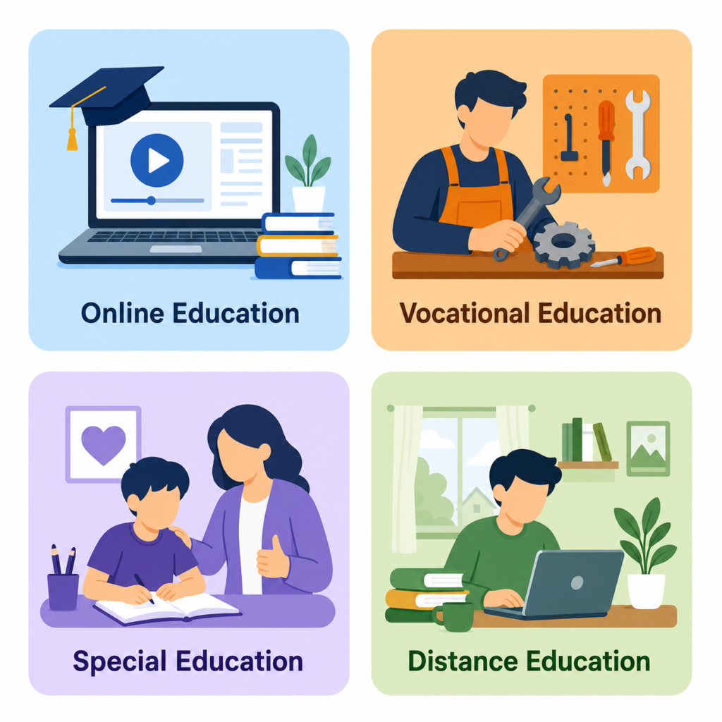 Modern types of education including online learning vocational training and special education shown as flat icons
