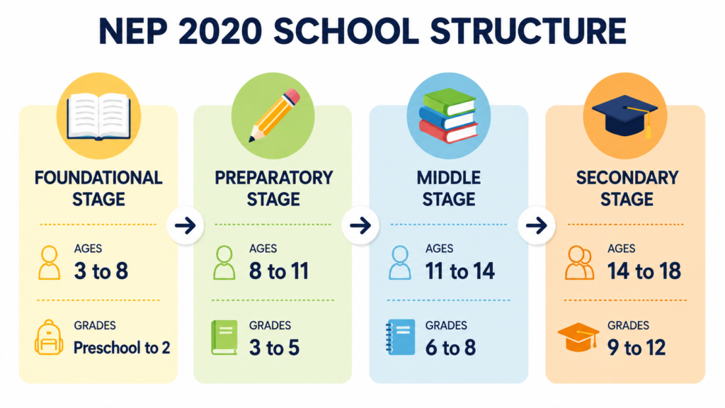 NEP 2020 5+3+3+4 school structure diagram showing four learning stages