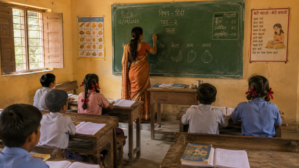 Rural India school classroom showing digital divide challenges in NEP 2020 implementation