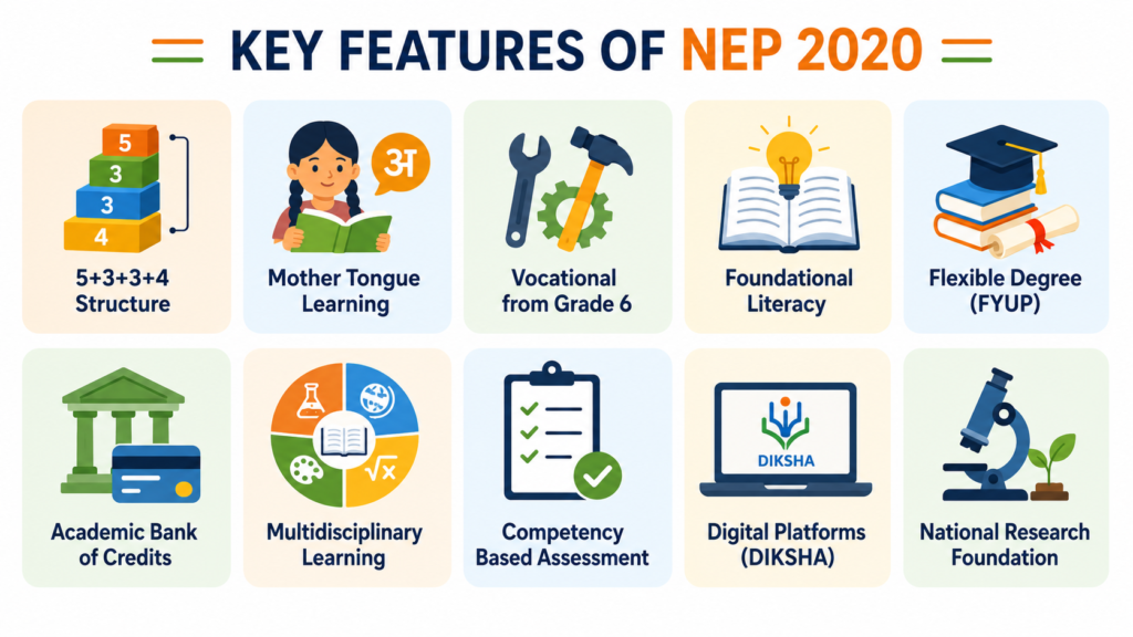 Key features of NEP 2020 education policy infographic showing 10 major reforms