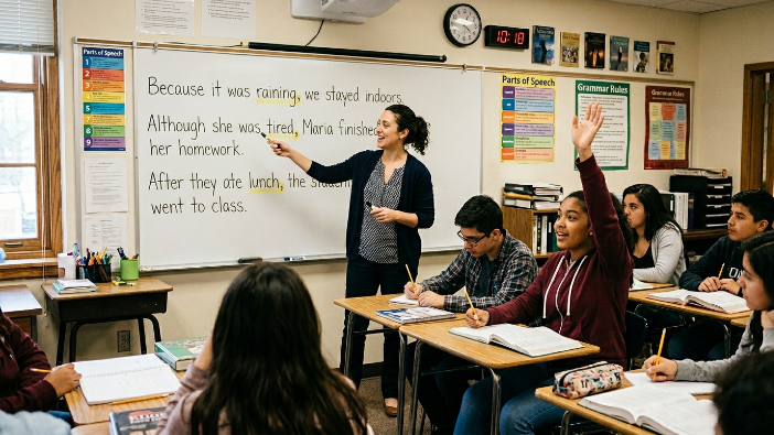 Language teacher showing students individual sentences on the board to discover a grammar rule