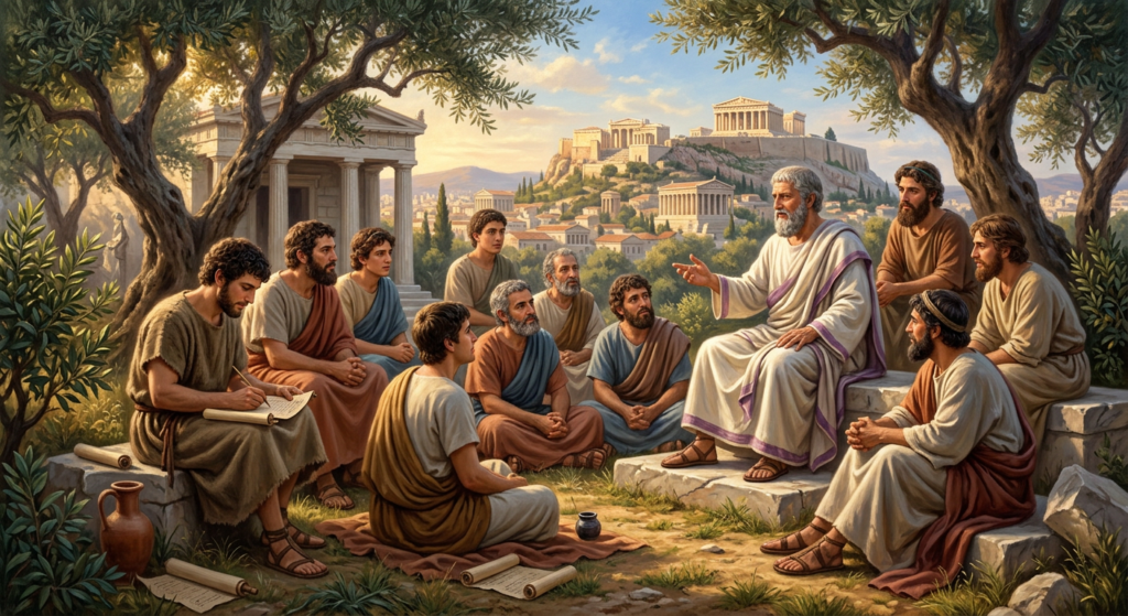Fresco painting depicting Plato and his students discussing philosophy at the Academy in ancient Athens, representing the origin of higher education in Western civilization around 387 BC