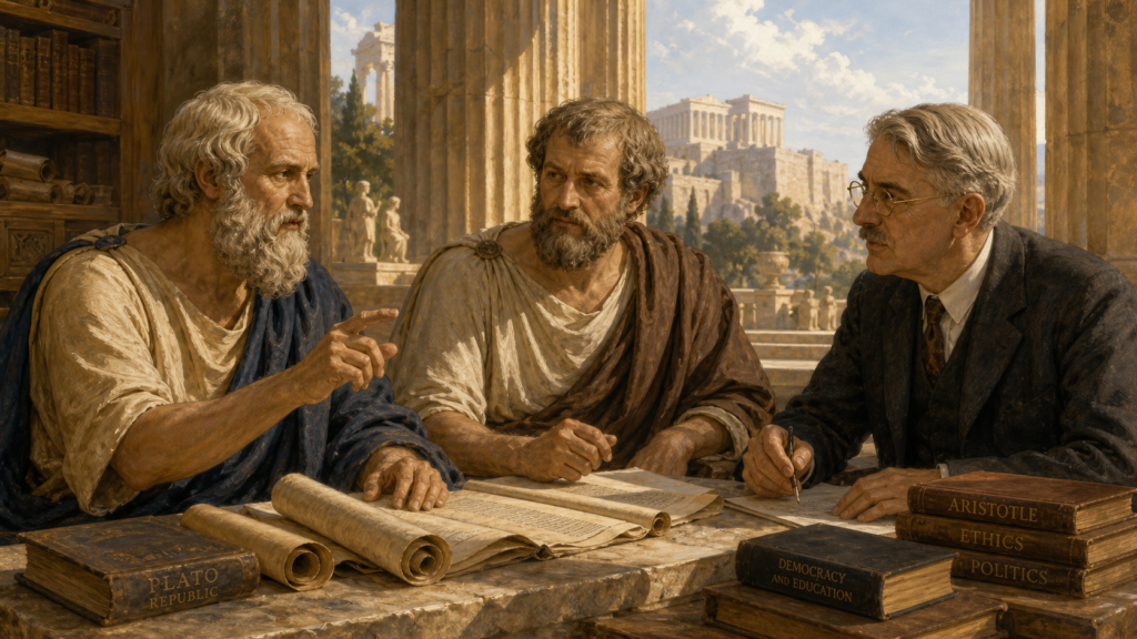 Plato, Aristotle, and John Dewey in philosophical discussion about educational aims