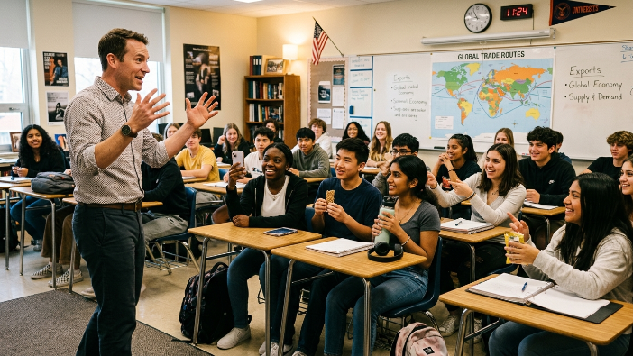 Social studies teacher asking students what they buy to spark curiosity before teaching trade routes