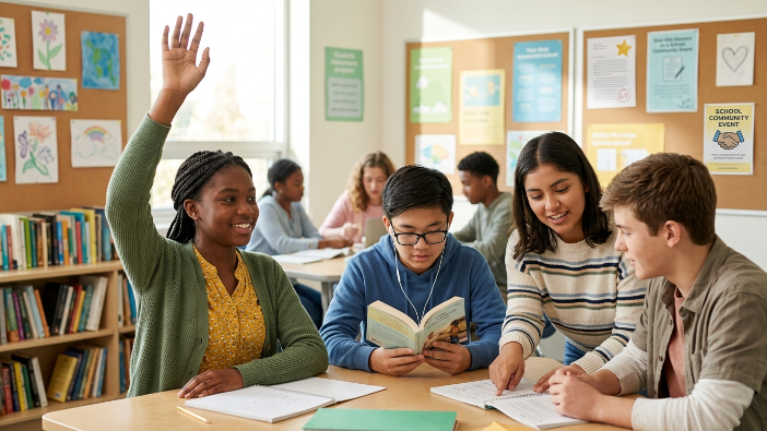 A happy diverse group of students engaged in learning and community activities representing the benefits of religious education