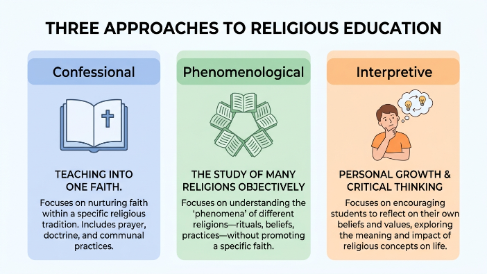 Three approaches to religious education: confessional, phenomenological, and interpretive models shown as a simple diagram