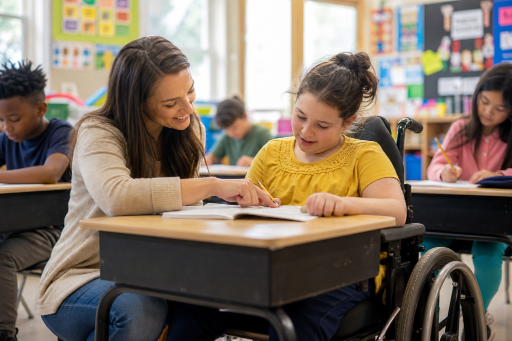 role of teacher in inclusive education showing a teacher supporting a student with special needs alongside other students