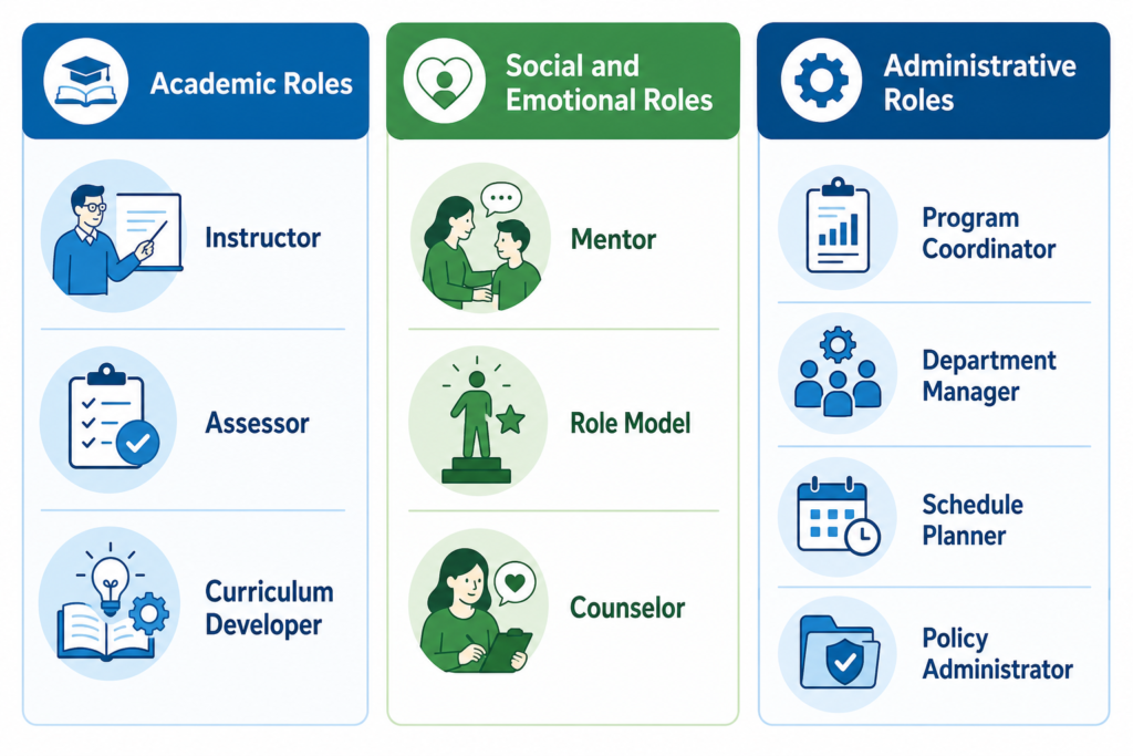 roles and responsibilities of a teacher displayed as a visual diagram with academic social and administrative categories