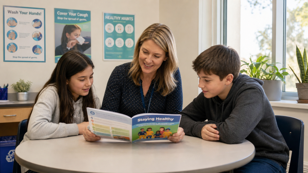 A school health teacher reviewing health education goals with two young students at a school desk