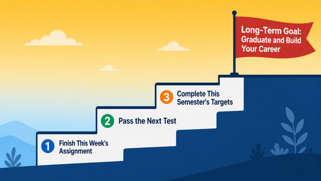 A staircase diagram showing short-term educational goals as steps leading up to a long-term educational goal at the top